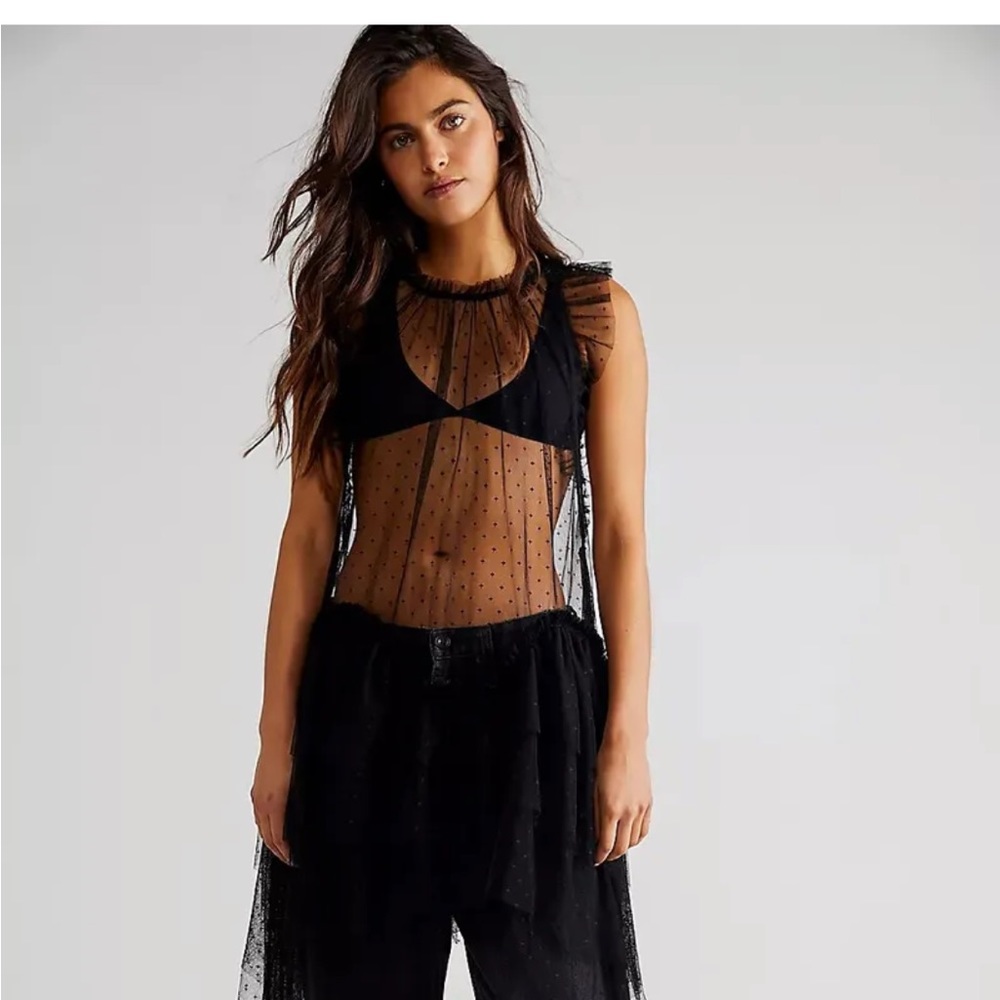 Free People Mia Mesh Maxi Top Rich Black Sheer Ruffle Embrodiery Dress NEW XS